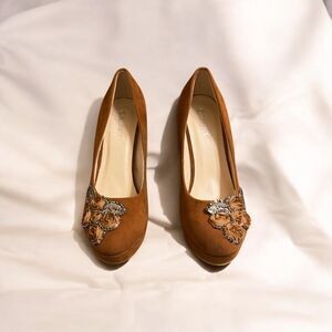 DELICACY TAN Suede Beaded Heels Size 10